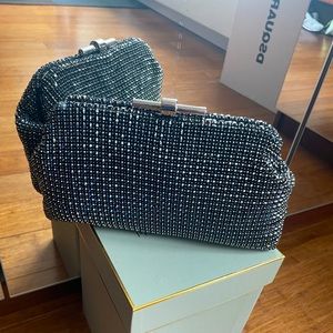 Reiss Adeline evening embellished shoulder clutch crystal navy sparkle.